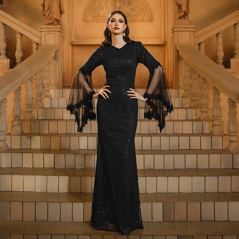 Women Black Dresses Flare Sleeve V Neck Sequined Elegant Cocktail Prom Formal Occasion Evening Long Maxi Dress Female Clothing
