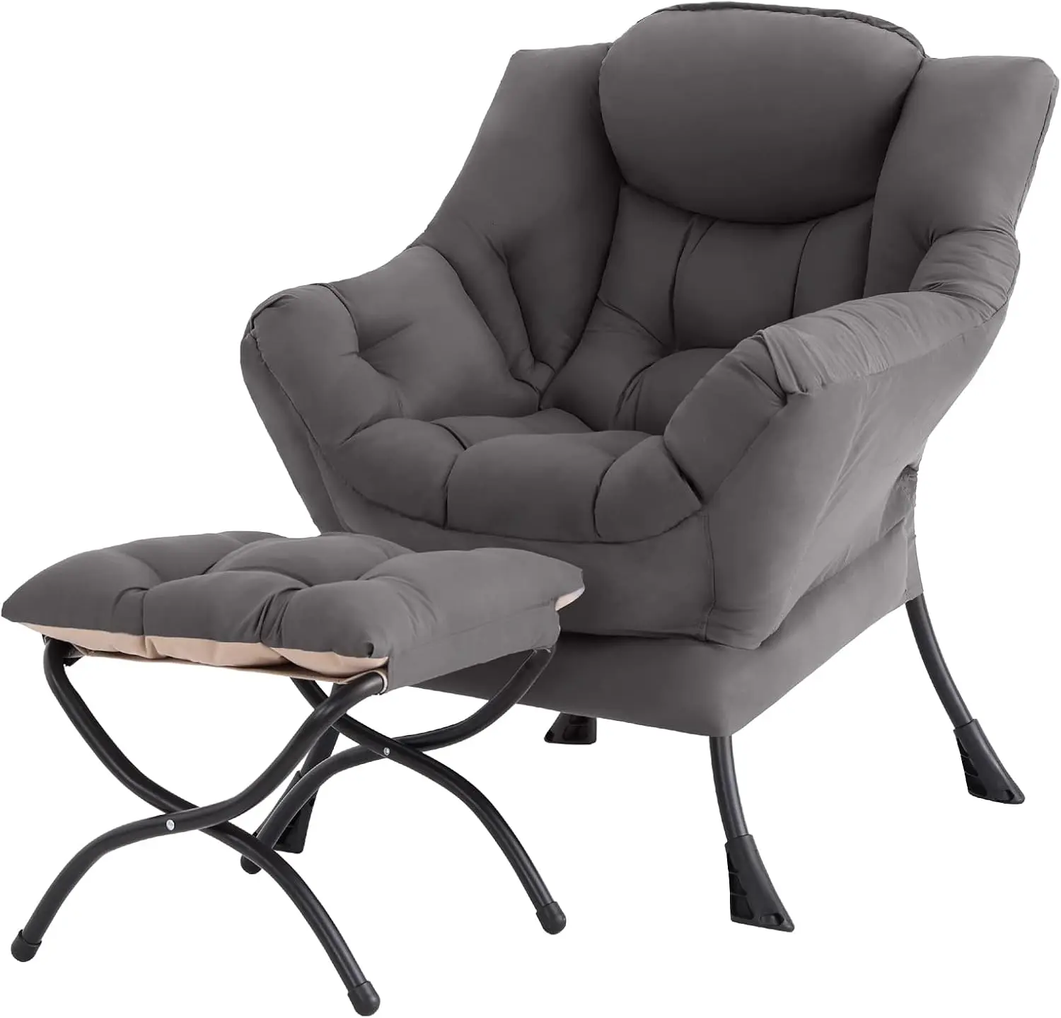 Lazy Chair With Ottoman Gray Modern Accent Chair Comfy Leisure Armchair With Footrest Reading Chair Padded Lounge Stool Side Pocket Steel Frame For Bedroom Living Room Dorm Dark Grey