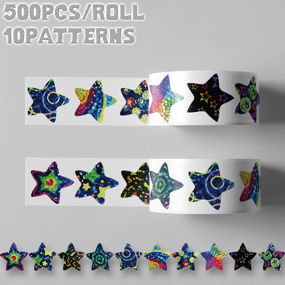 1 rollo/500 Uds. Rollo de pegatinas con temática de estrellas brillantes, decoración delicada para regalo de vacaciones, decoración de fiesta, recompensa de clase de regreso a la escuela