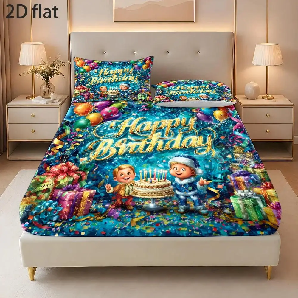 3-Piece Mattress Protector Set, Birthday Party Decoration Happy Birthday 2D Flat Priting, Mattress Cover, Minimalist Style, Christmas Birthday Party, Mattress Cover Suitable for All Seasons, Machine Washable, Suitable for Home, Dormitory, Master Bedroom, Guest Room, Soft and Skin-Friendly, Dust-Proof and Mite-Proof, High Elasticity Fit