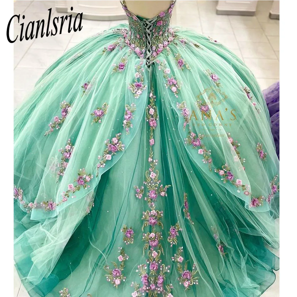 Light Green Ball Quinceanera Dresses 2023 Flower Applique Layers Girls Sweet 15 16 Birthday Party Gown