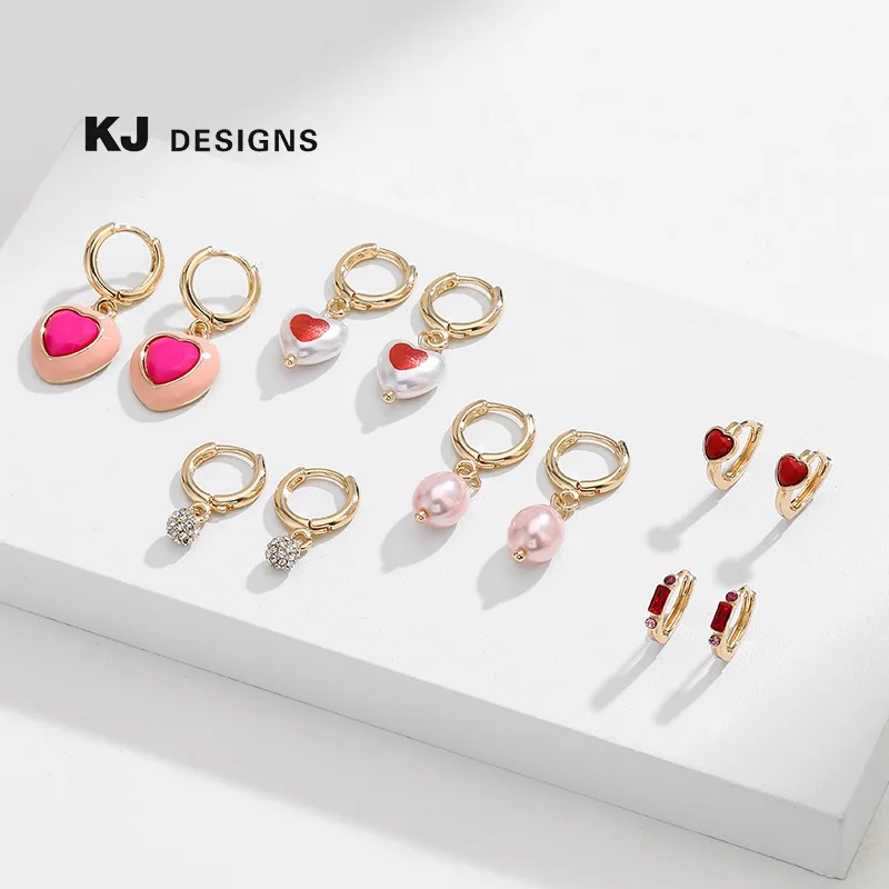Pink oil drop love earrings set, small and exquisite fashion new trendy light luxury high-end earrings party