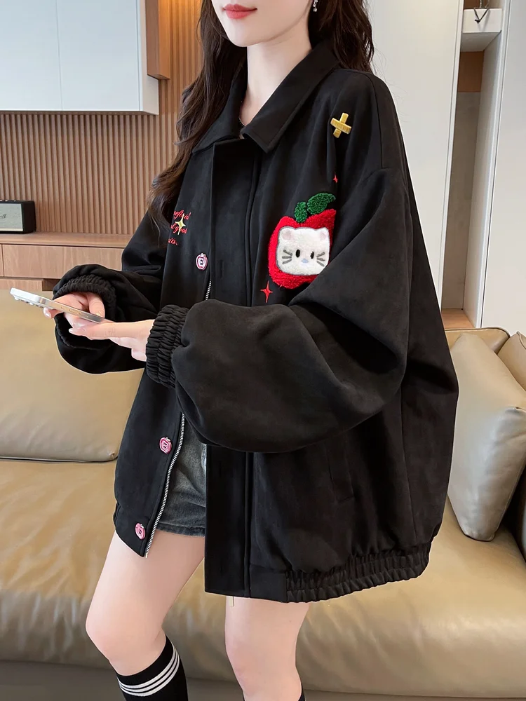 American Retro Cartoon Embroidery Apple Cat Coat Women Spring Autumn Student Fashionable Solid Color Loose Casual Lapel Jacket