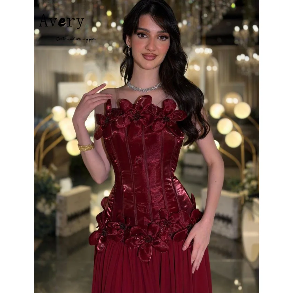 Avery Maßgeschneidertes Burgunderrotes A-Linien-Blumenkleid mit Schulterfreiem Ausschnitt Luxuriöses Partykleid für Elegante Damen Ballkleid