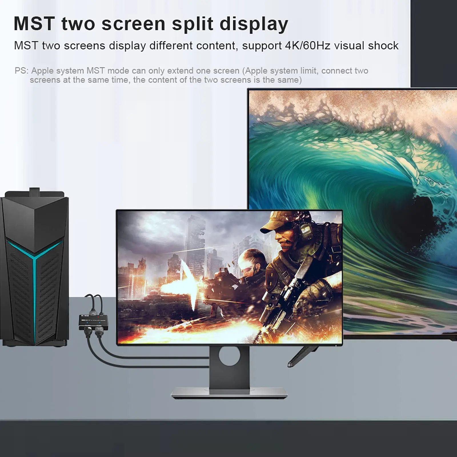 Répartiteur de concentrateur MST DisplayPort 1.4, 8K, 1 entrée 2 sorties, convertisseur vidéo DP vers DP + HDMI avec fonction MST, 8K @ 30Hz, 4K @ 120Hz, 2K @ 240Hz