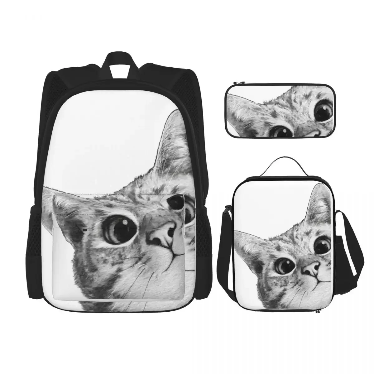 Sneaky Cat Backpacks Boys Girls Bookbag Children School Bags Cartoon Kids Rucksack Lunch Bag Pen Bag Three-Piece Set