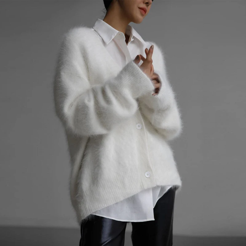 Fluffy Mohair Cardigan For Women V-Neck Button Up Oversize Cardigan Sweater Autumn Winter Warm Knitted Outerwear