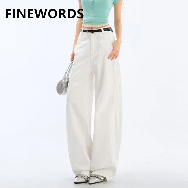 

FINEWORDS Casual Wide Leg High Waist White Jeans Women Easymatch Wide Leg Jeans Retro Streetwear Washed Baggy Jeans