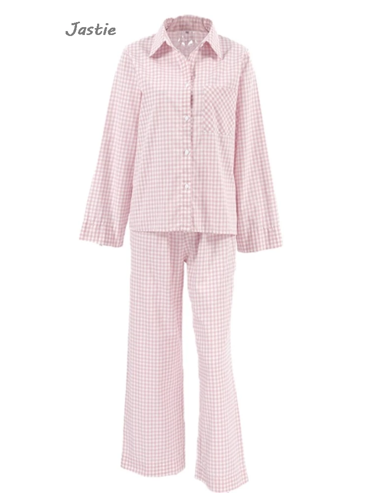 Retro Plaid Loose Long Sleeve Shirts Wide Leg Pant Sets Pajamas Casual Trouser Suit Spring Summer Comfort Cotton Home Outfits