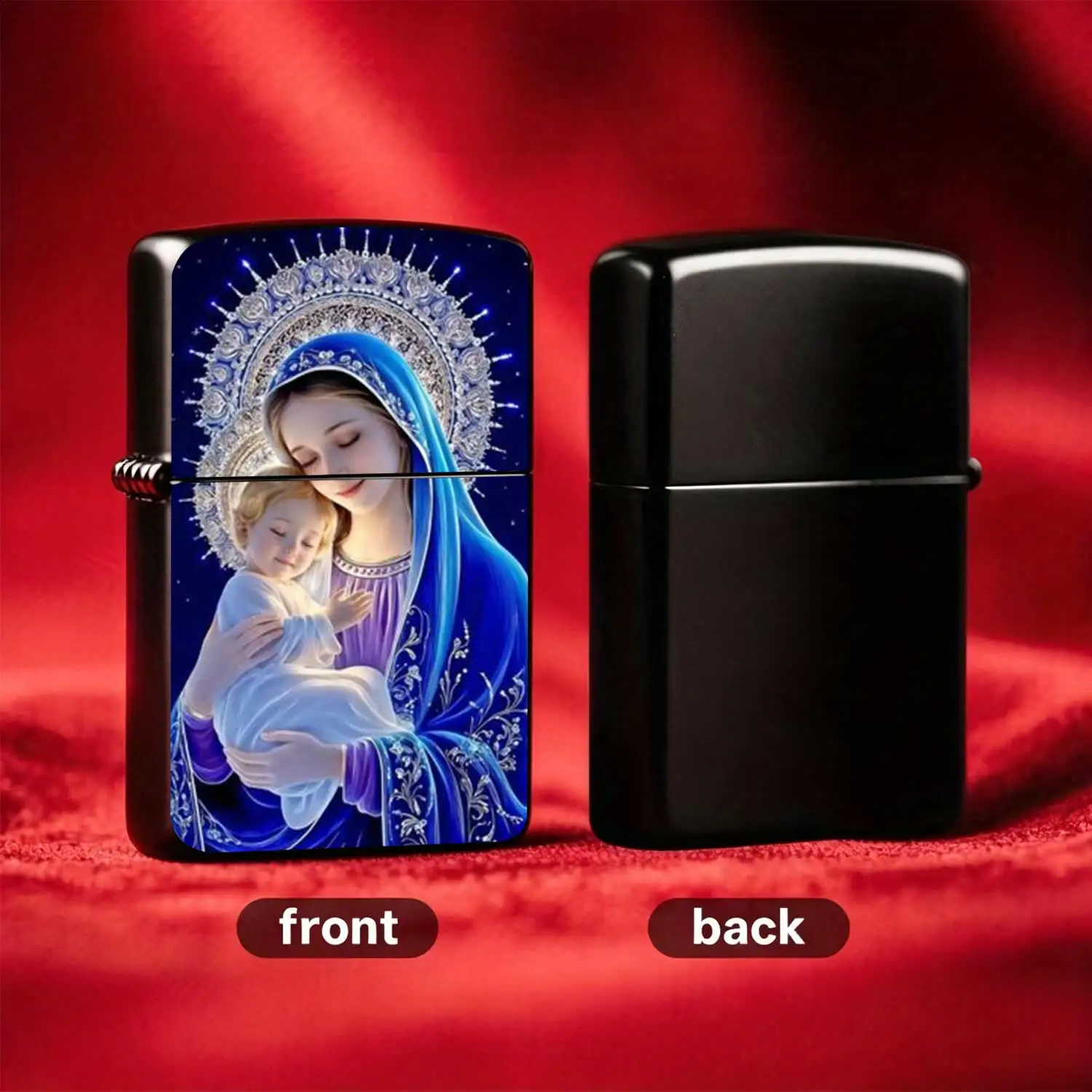 Flip-Top Pocket Windproof  Lighter with Exquisite Pattern of Virgin Mary Holding Child, Featuring Retro Texture, Sturdy and Durable Body, Portable Design Suitable for Daily Commute and Outdoor Scenarios