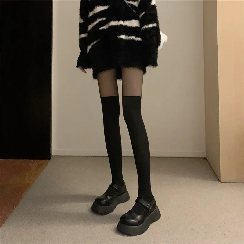 여성용 패치워크 얇은 허벅지 높은 스타킹, 여성용 스타킹, 무릎 위 줄무늬 팬티스타킹