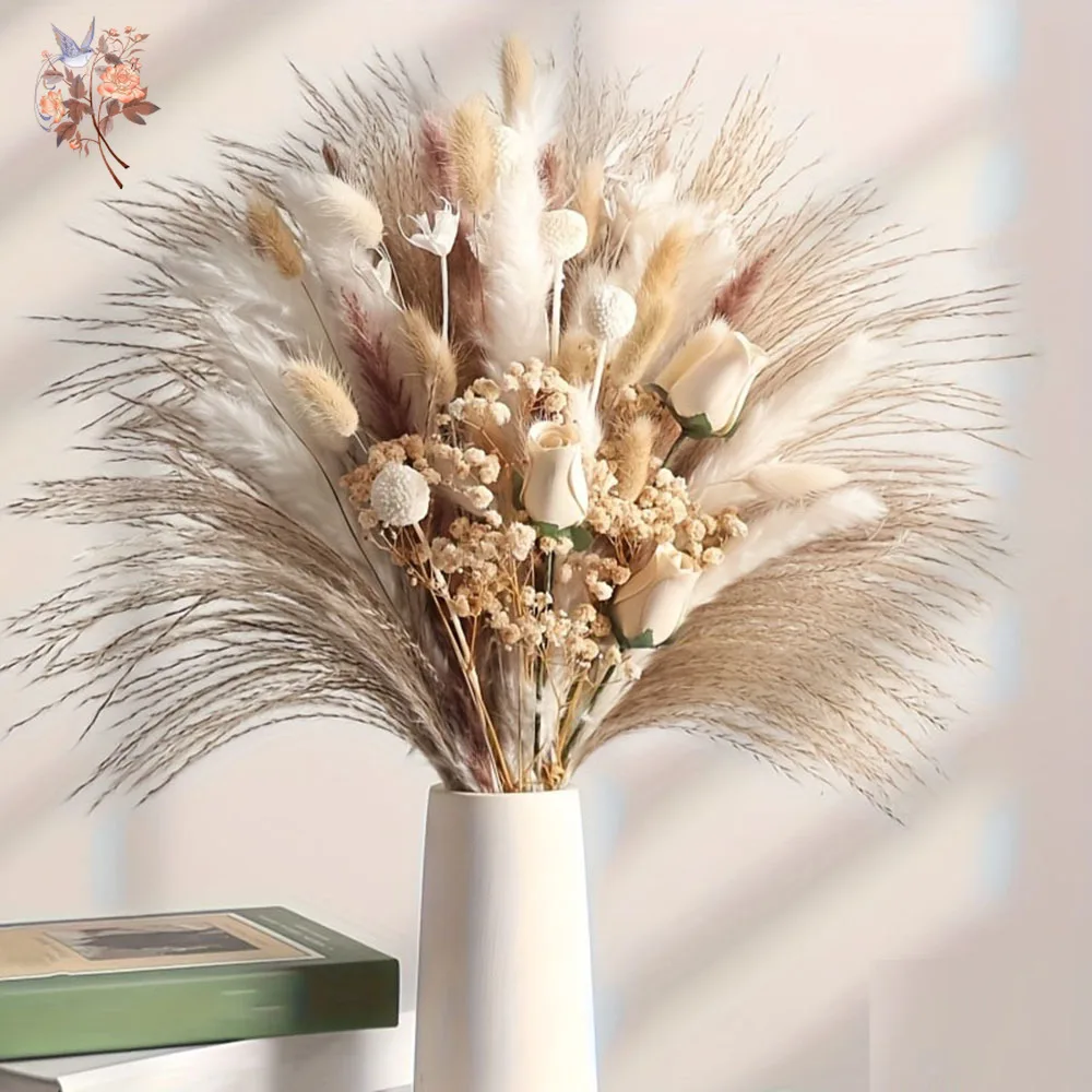 80Pcs Artificial Dried Flowers Bouquet for Interior Home Table Decor Faux Rose Real Touch Babys Breath Pampas Grass Vase Filler view 3