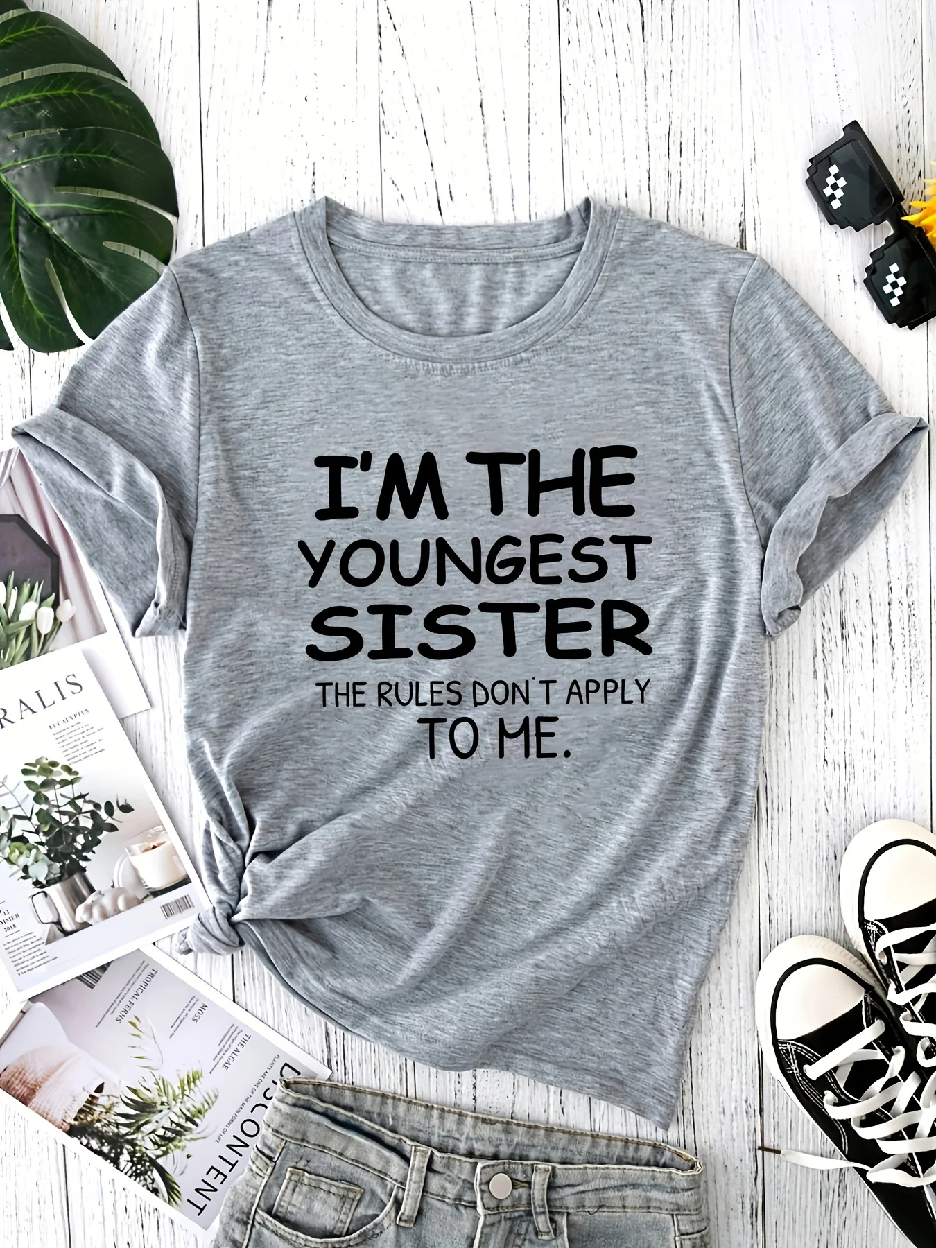 Youngest Sister Print T-Shirt, Casual Crew Neck Short Sleeve Top For Spring & Summer, Women's Clothing