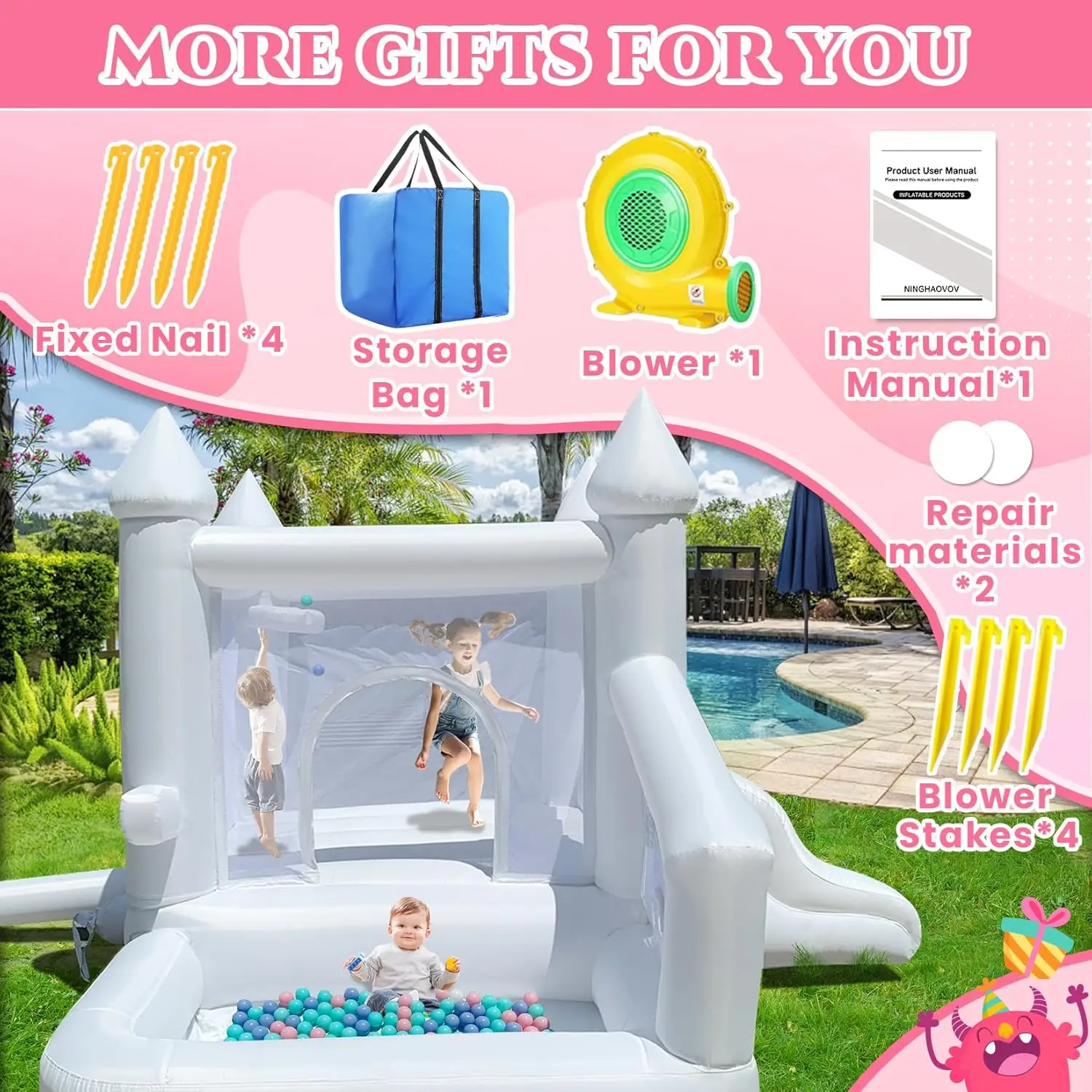 Wit springhuis, opblaasbaar springhuis voor binnen voor kinderen van 3-12 met ballenbak en glijbaan, buiten springkasteel voor verjaardagsfeestje W