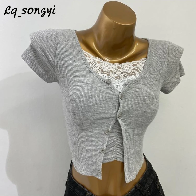 

Lace Patchwork ! Single Breasted Slim Crop Top Women Basic T Shirts High Strech T Shirt Lq_songyi Summer Short Sleeve Solid Tops