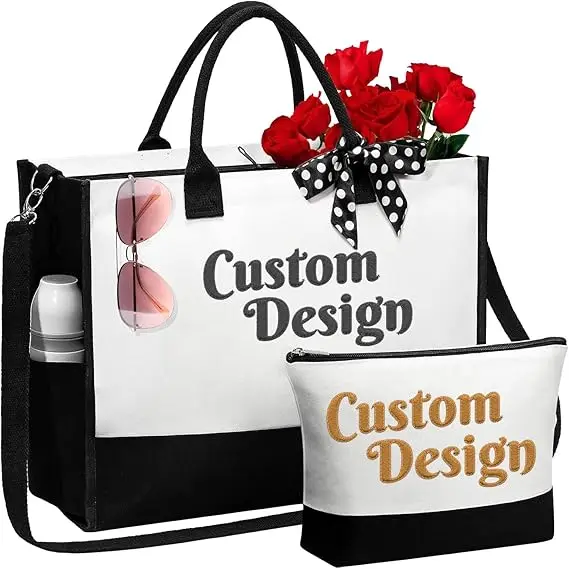 Personalized Canvas Beach Bag Set Gifts for Women,Custom Embroidery Effect Tote Bag and Makeup Bag Set