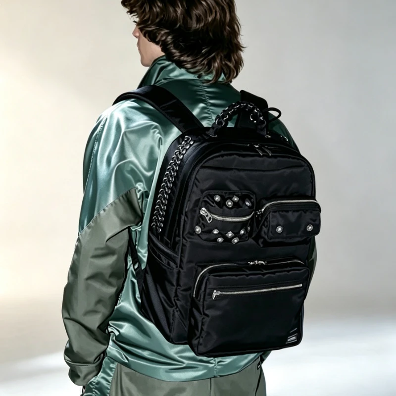 Porter Style Rivet Nylon Chain Backpack Large Capacity Unisex Portable Street Style Daypack for Commuting Camping Daily Outdoor
