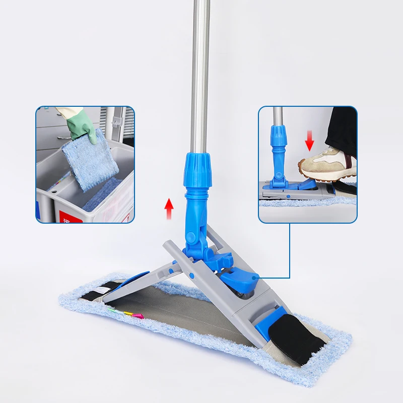 Industrial large size wide head plastic flat dry mop with reusable microfiber mop for wood floor waxing