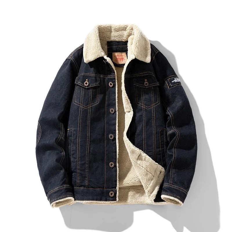 MaiDangDi Classic American Vintage Washed Cotton Autumn and Winter Lamb Fleece Denim Men Plush Warm Flip Collar Youth Jacket