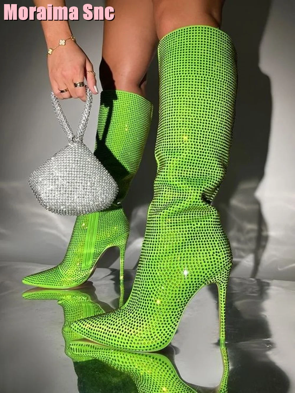 Full Crystal Bling Pointed Toe Knee High Boots Lemon Green Solid Side Zipper Sexy Women Long Boots Ladies Shoes Autumn Winter