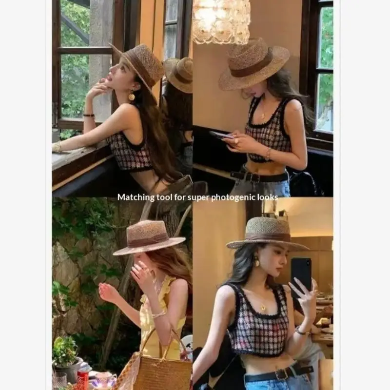 Handwoven Natural Straw Boater Hat Breathable Hollow Weave Black Ribbon Band For Summer Beach Vacation Sun Protection