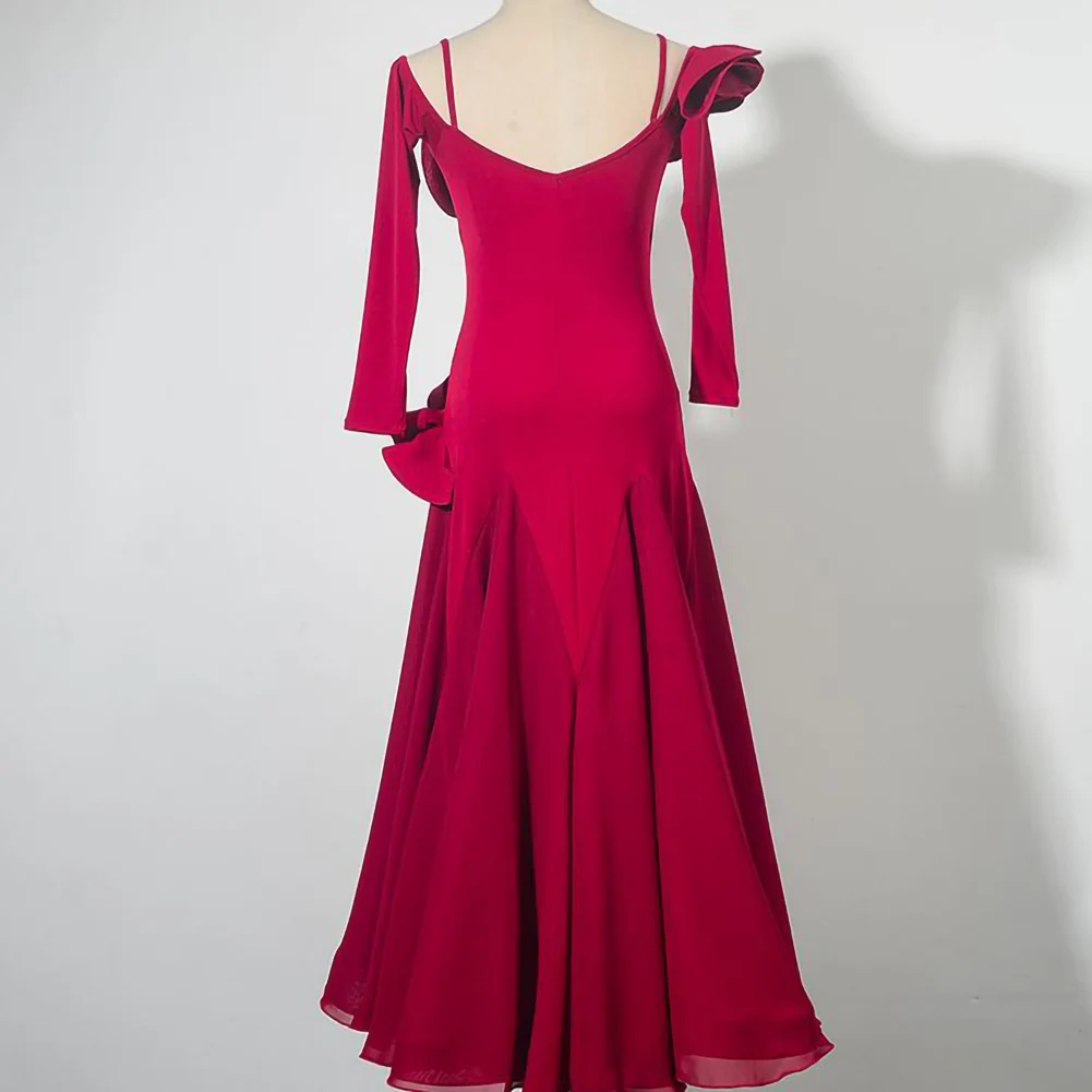 Sukienka na zawody tańca standardowego Walc Czarna Długi Rękaw Taniec Towarzyski Falbanki Nowa bordowa Sukienka do Ćwiczeń