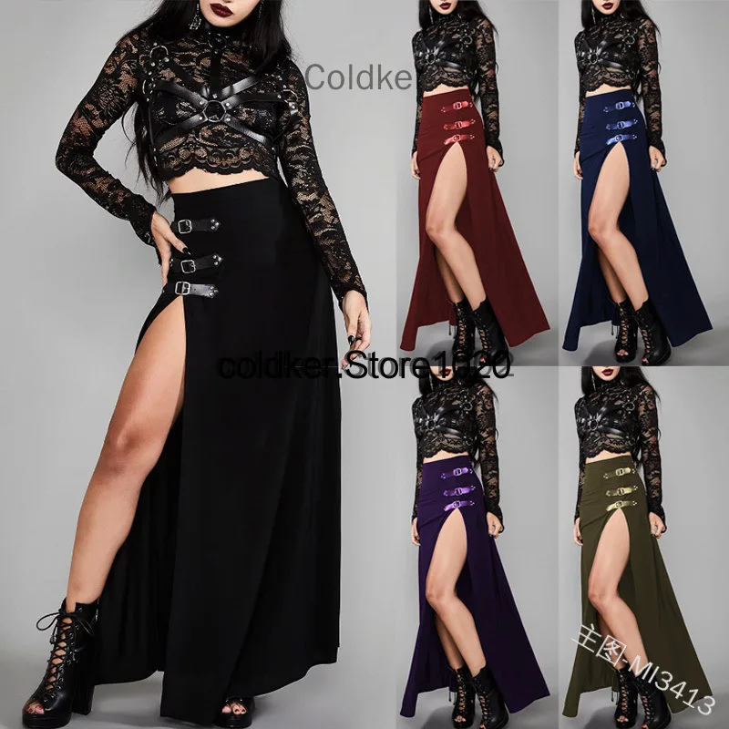 European and American Women's Fashion Costuems New Arrival High Waisted Sexy and Elegant Split Rivet Y2k Solid Long Skirt