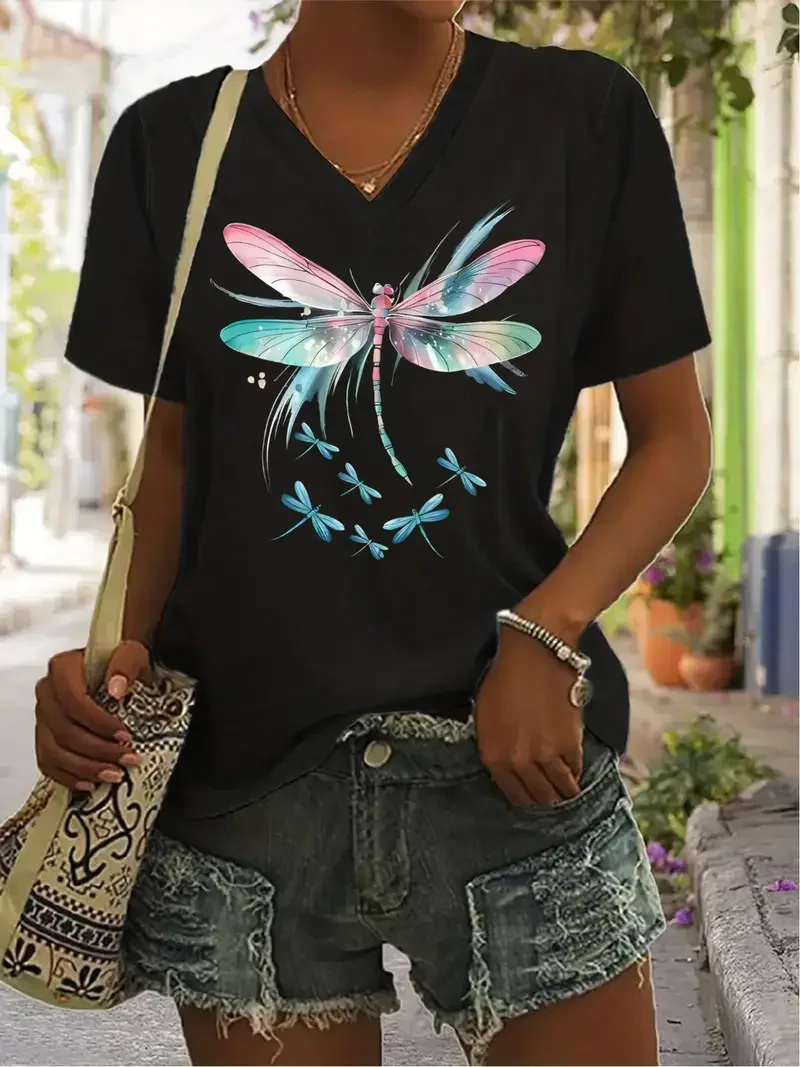 

Women's T-Sleeve dragonfly Floral Printed V-Neck T-Shirt Summer Fashion Casual Blouse Street Fashion Oversized Women's Clothing