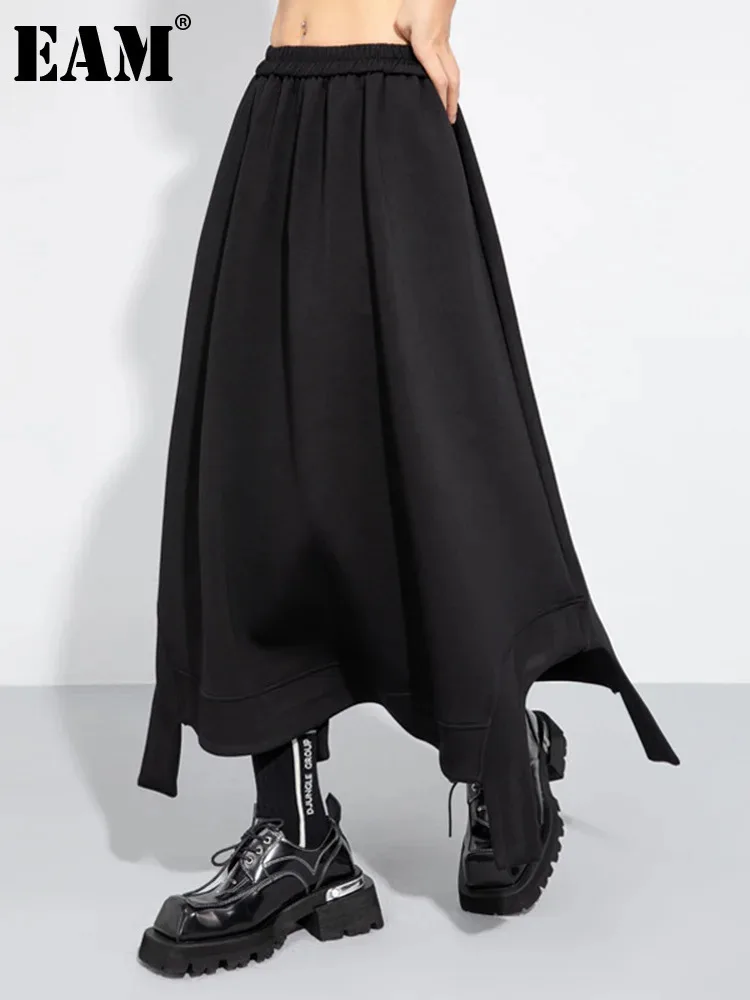 

[EAM] High Elastic Waist Black Irregular Hem A-line Casual Half-body Skirt Women Fashion Tide New Spring Autumn 2024 1DH7487