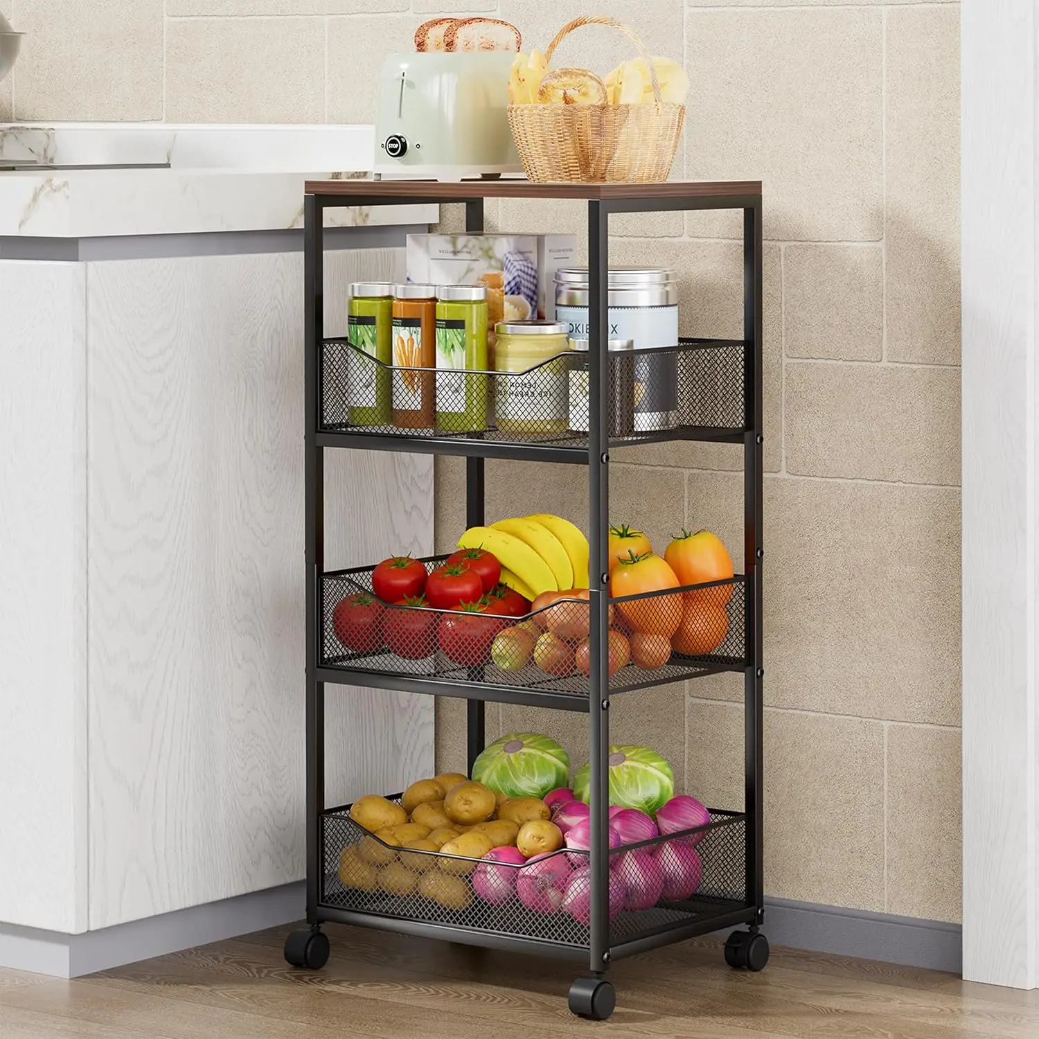 

4-Tier Rolling Kitchen Cart with Wood Top & Wheels, Storage Organizer for Fruits Vegetables Snacks