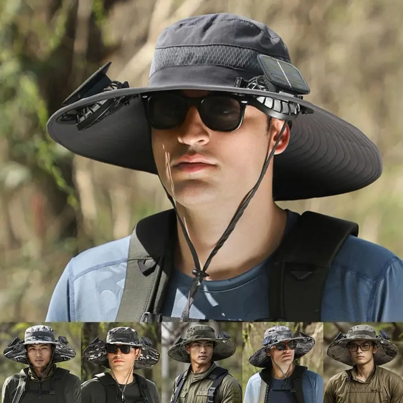 

Outdoor Camping Fishing Hiking Sunscreen Fisherman Hat Solar Fan Cap Portable Solar Charging Cap with Fan Suitable Wholesale