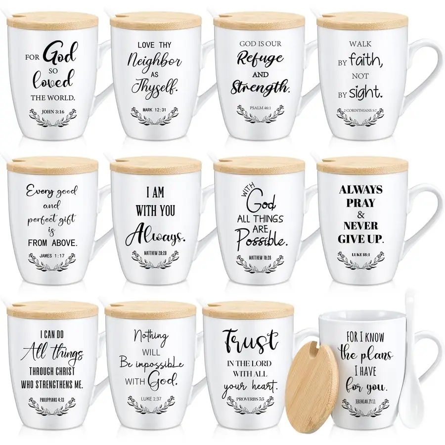 

12 Set Christian Mugs Bulk Christmas Church Gifts 12oz Inspirational Bible Verse Ceramic Coffee Mug with Lid Handle Spoon Religi
