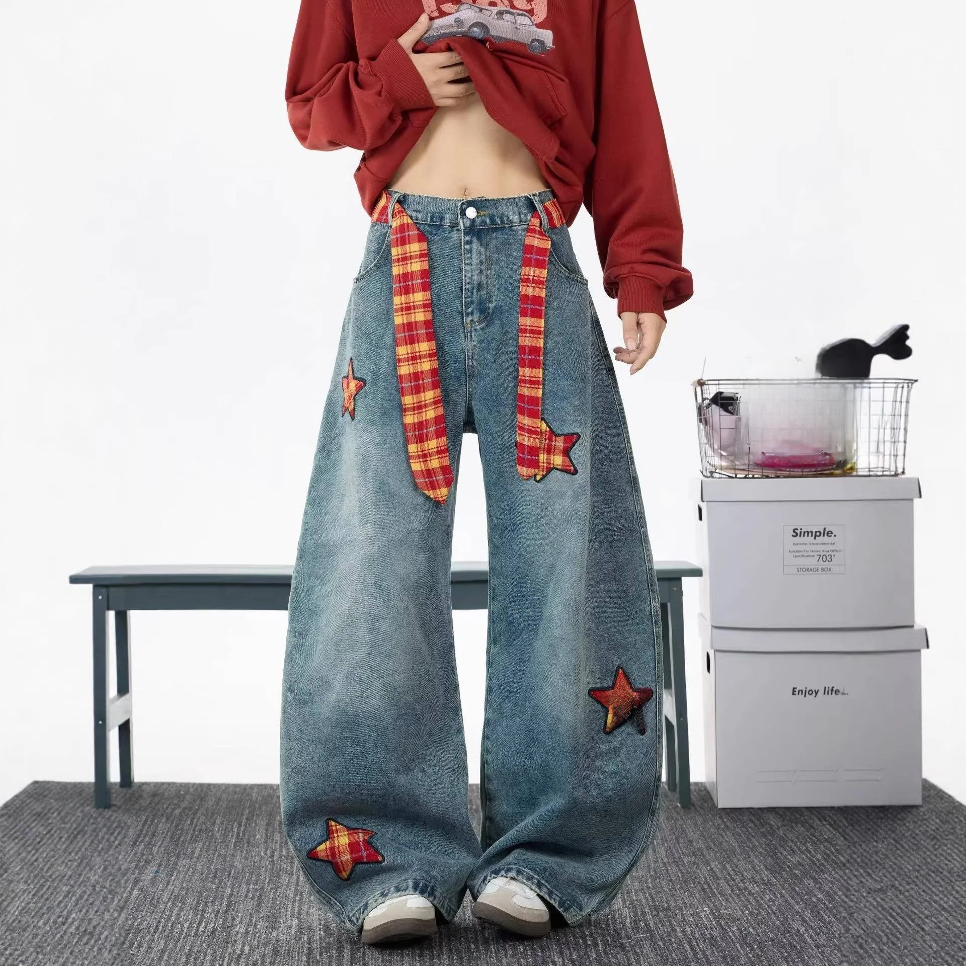 Calças Jeans Retrô Americanas com Estampa de Desenho Animado, Corte Solto e Perna Larga, Unissex, Casual, Cintura Alta, Corte...