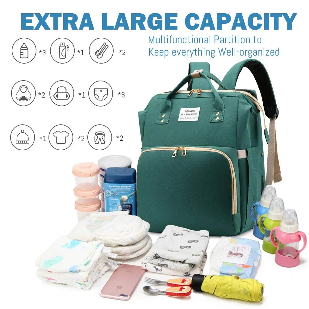 Foldable 3-in-1 Diaper Bag Backpack with USB Charge Waterproof Travel Bag Baby Bed And Changing Mat Included