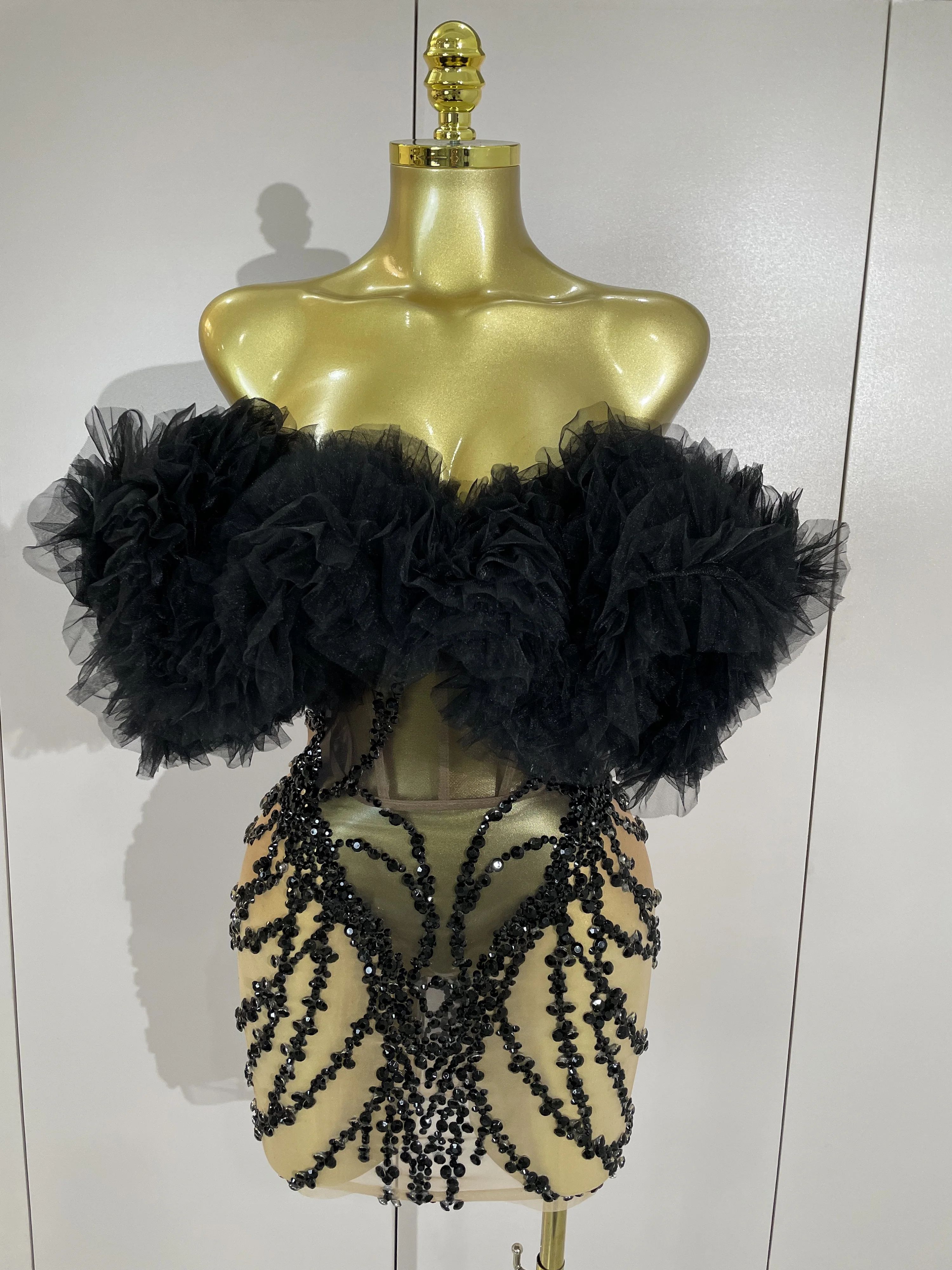 

Sparkly Black Diamond Strapless Mesh See-Through Mini Dress 2026 Women Luxury Birthday Eveing Party Gown Bar Sexy Stage Costume