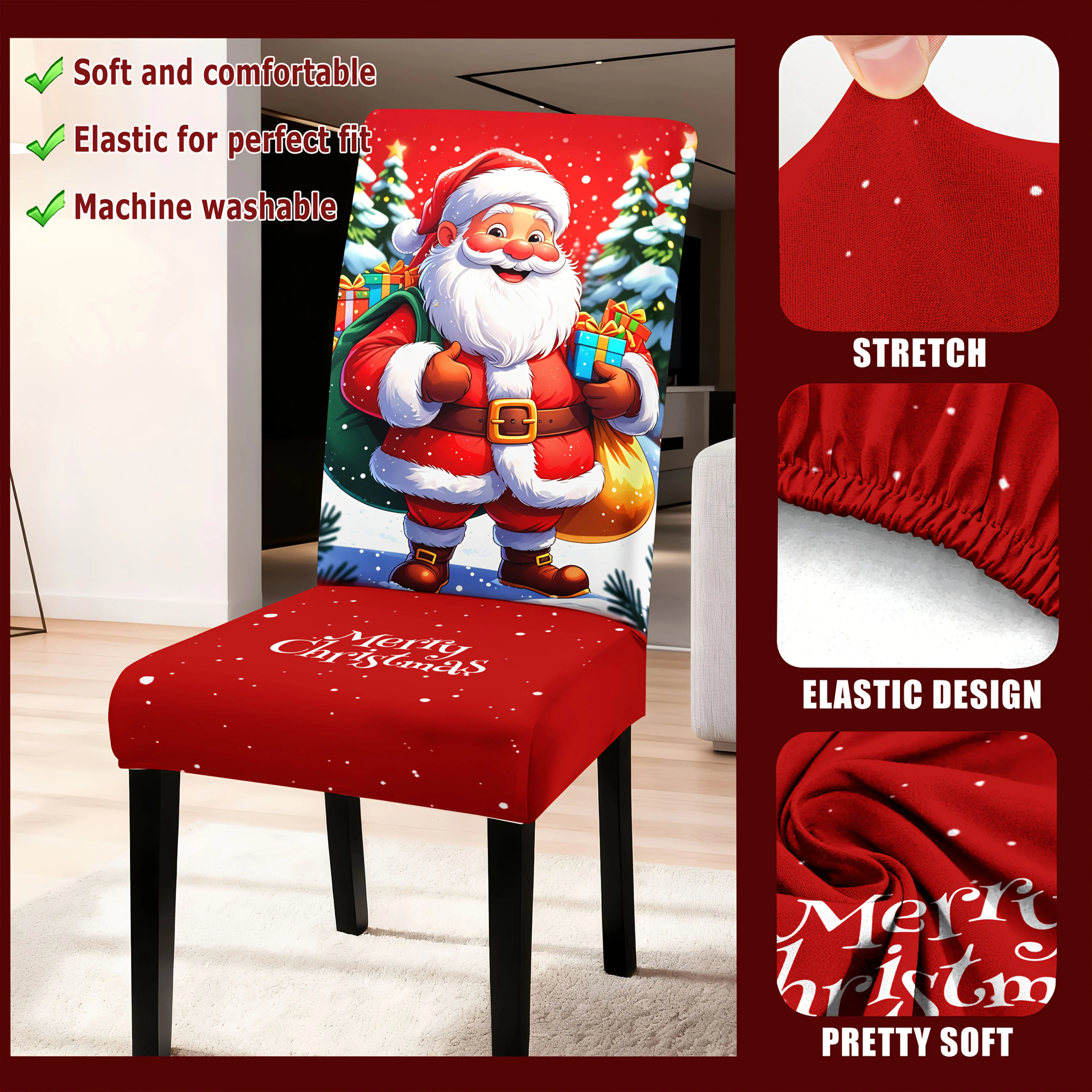 Merry Christmas Red Chair Slipcover Cartoon Santa Gift Box Pattern Washable Dining Room Chair Cover