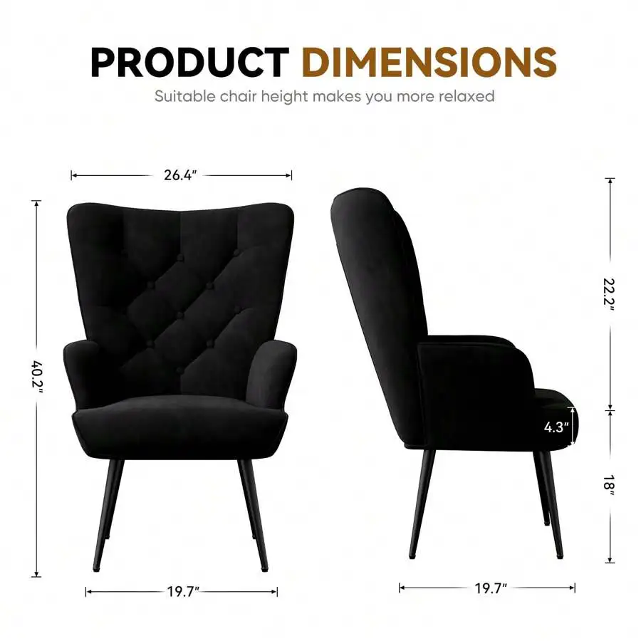 Mid-Century Modern Velvet Accent Chair, Tufted Wingback Armchair With Metal Legs, High Back Upholstered Reading Chair For Living Room & Bedroom
