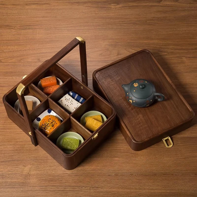 Walnut Wood Snack Storage Box Portable Compartmentalized Container with Handle Dessert Organizer with Lid Dry Fruit & Candy Box