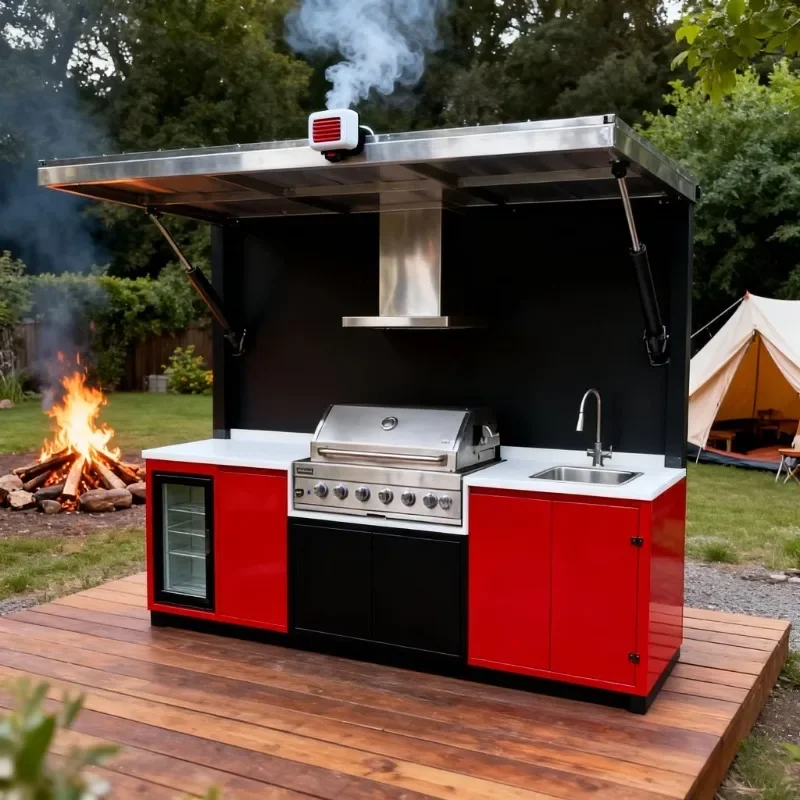 FL Smart Bbq Pod Built in Outdoor Aluminum Mobile Kitchen with Led Light and Metal Pull Down Closure Custom