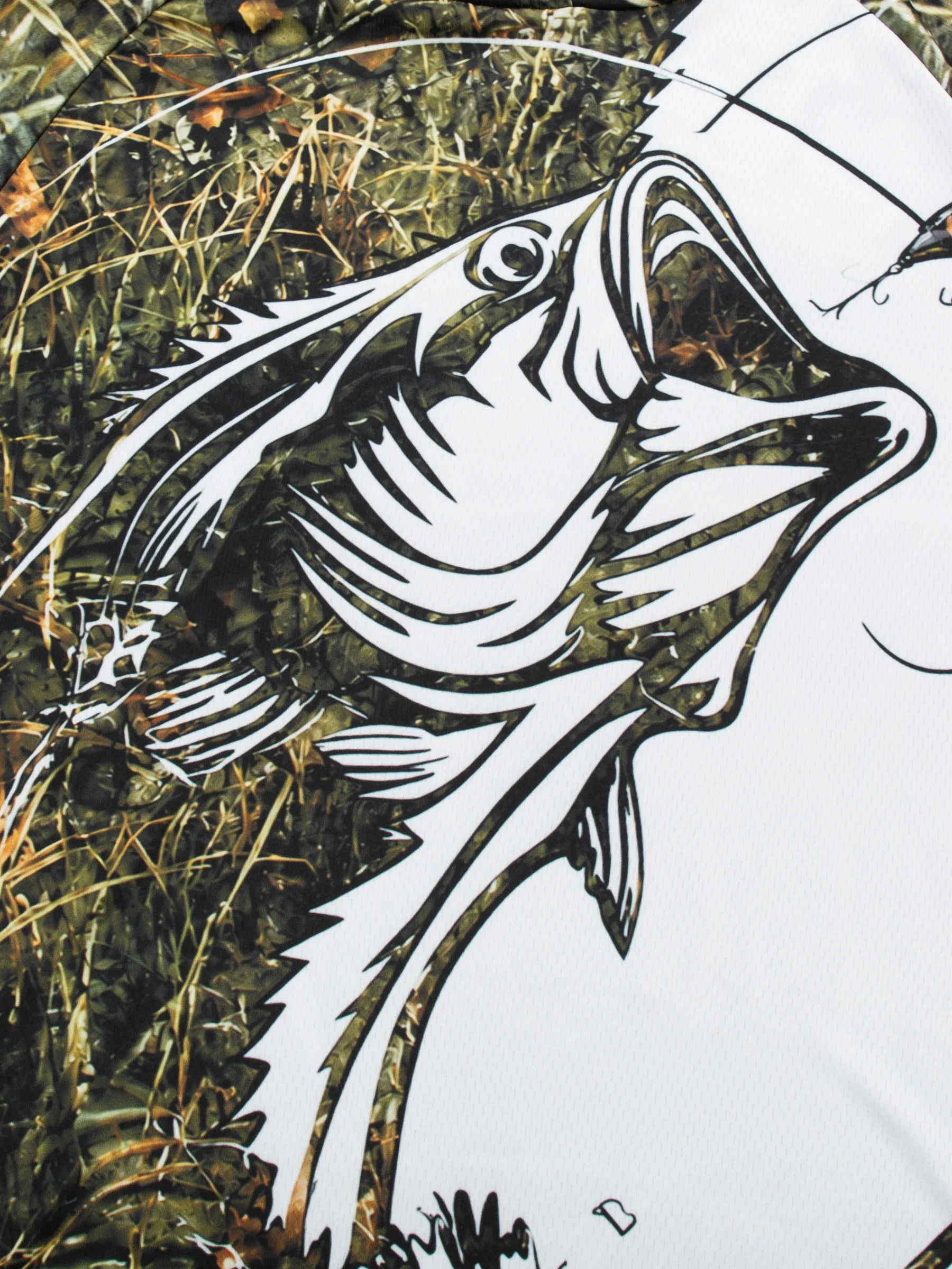 Herren Sommer UPF50+ Angel-Hoodie mit Gesichtsmaske, Reed Camo Bass-Print, schnelltrocknend, atmungsaktiv, leicht, langärmeliges Angelhemd – Detail 7