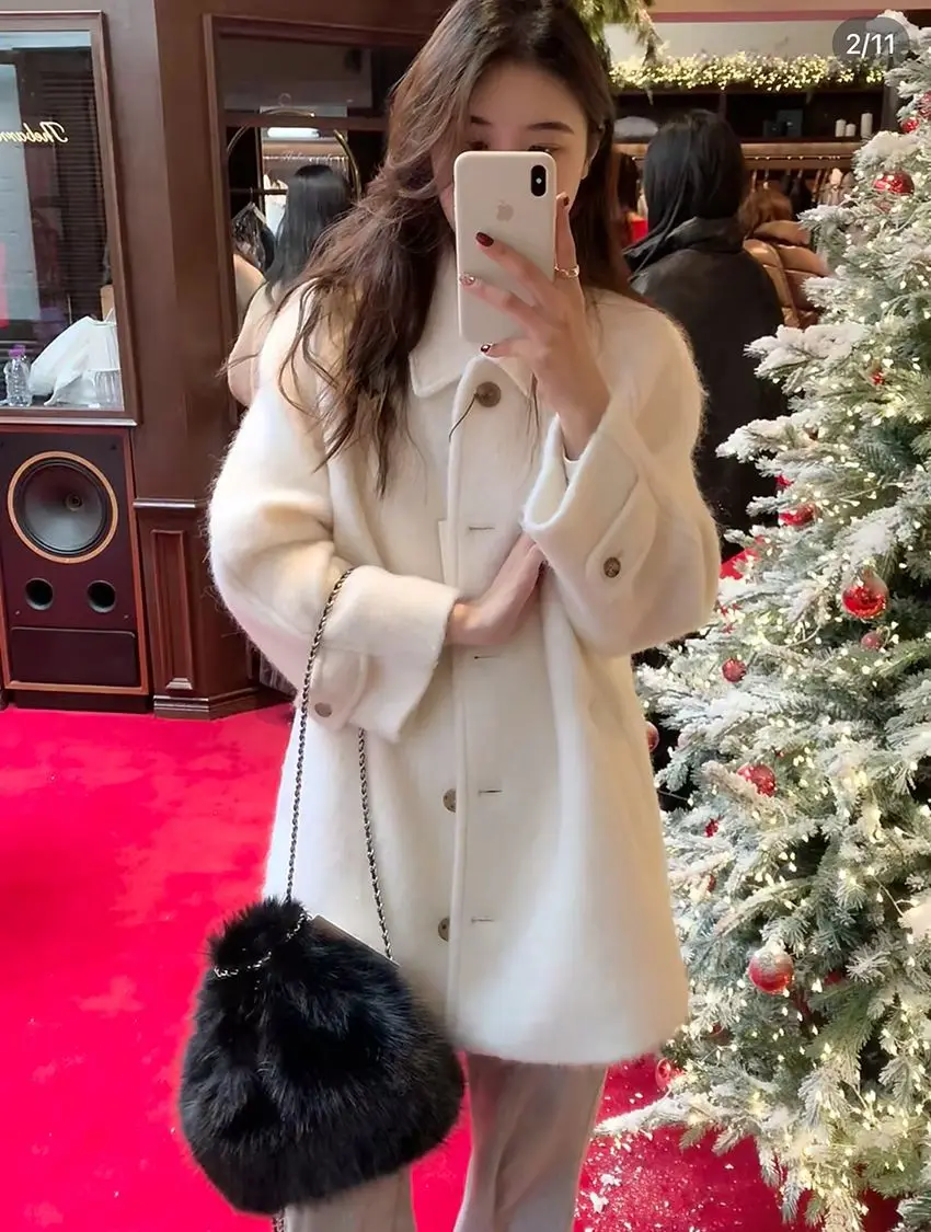 Dongda Gate Women's Long Wool Coat Soft Texture Loose Fit Turn-down Collar Gentle Sle Online Exclusive Winter Outerwear