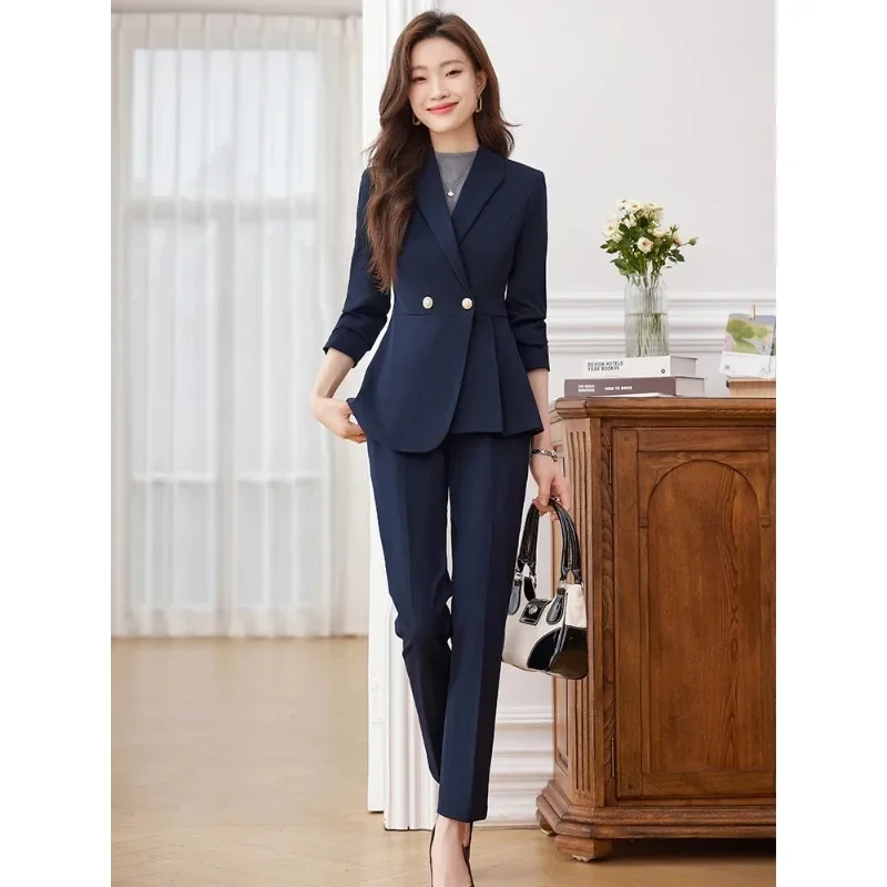 Elegant Blauw Zwart Navy Vrouwen Broek Pak Dames Werkkleding Formele Jas En Broek Dames Business Blazer 2 Delige Set