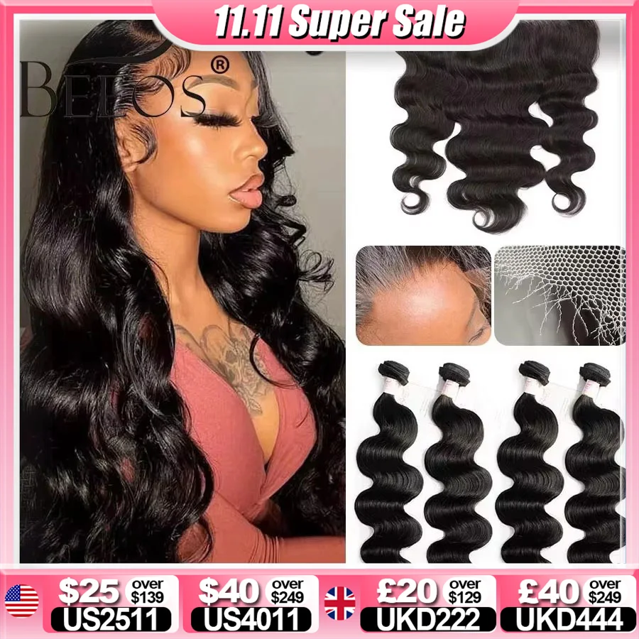 

BEEOS Body Wave Bundles With 13x6 HD Lace Frontal Human Hair Wigs Undetectable 3 Bundles With HD Closure Hair Weave Extension