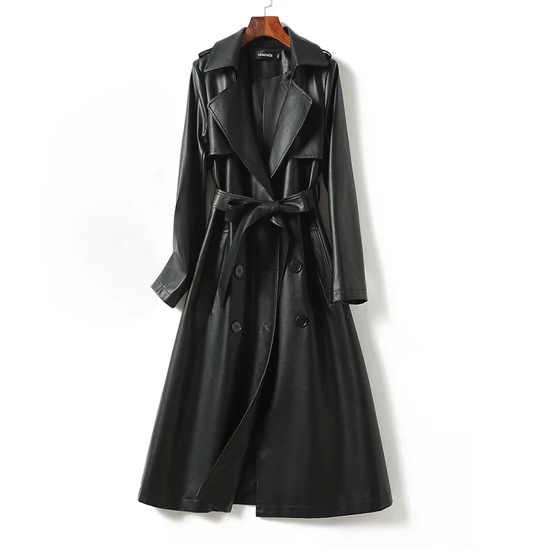 Double Breasted Long Leather Trench Coat for Women 2023 New Spring Biker Coats Lapel Elegant Female Windbreaker with Belt