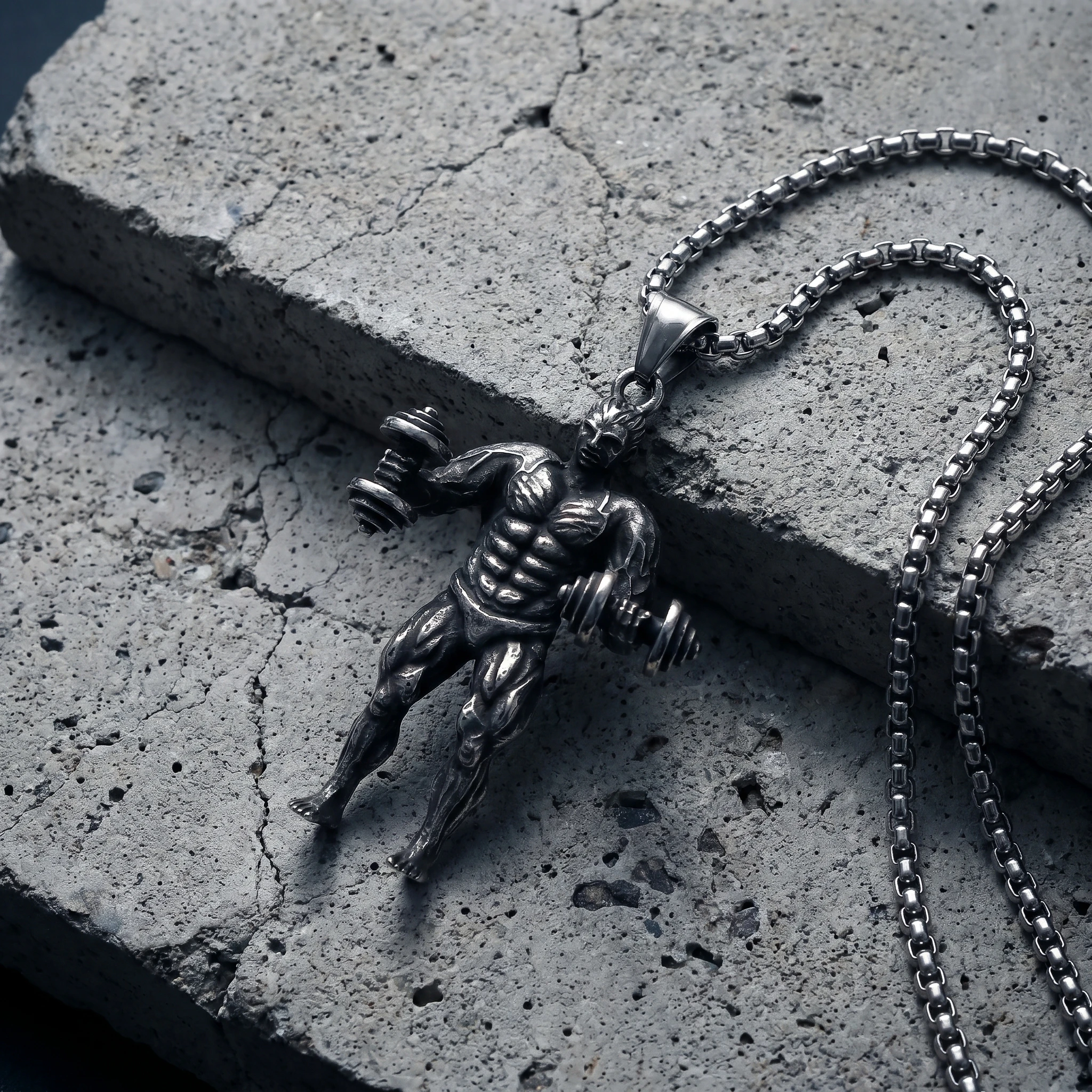 Vintage Stainless Steel Muscular Weightlifter Dumbbell Pendant Necklace Fitness Gym Sport Jewelry Gift For Men