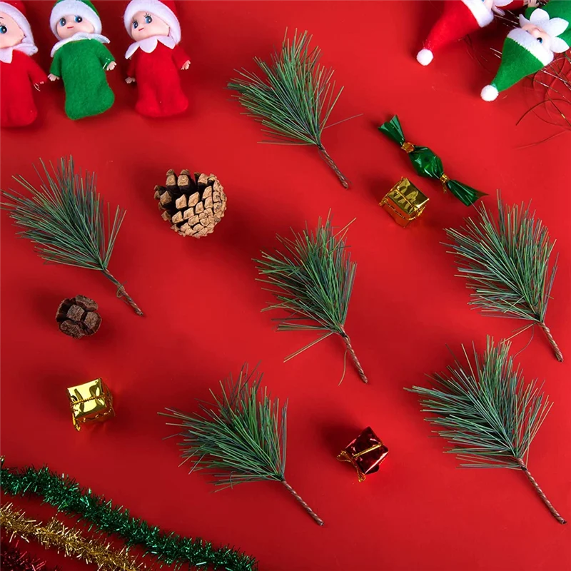 Ramas de agujas de pino verde Artificial, palillos de tallos de ramitas pequeñas, púas de pino verde falso para guirnalda de Navidad, 60 piezas