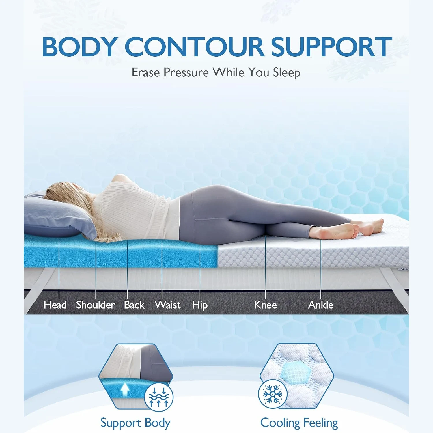 Cooling Memory Foam Mattress Topper for Pressure Relief, Bed Mattress Pad with Cooling Soft Cover and Corner Straps, 3 Inch