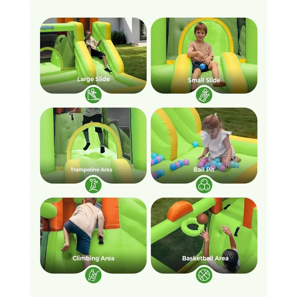 Springhuis met glijbaan, eetbaar springhuis voor kinderen van 3-12, buiten en binnen, 450W blazer, groen