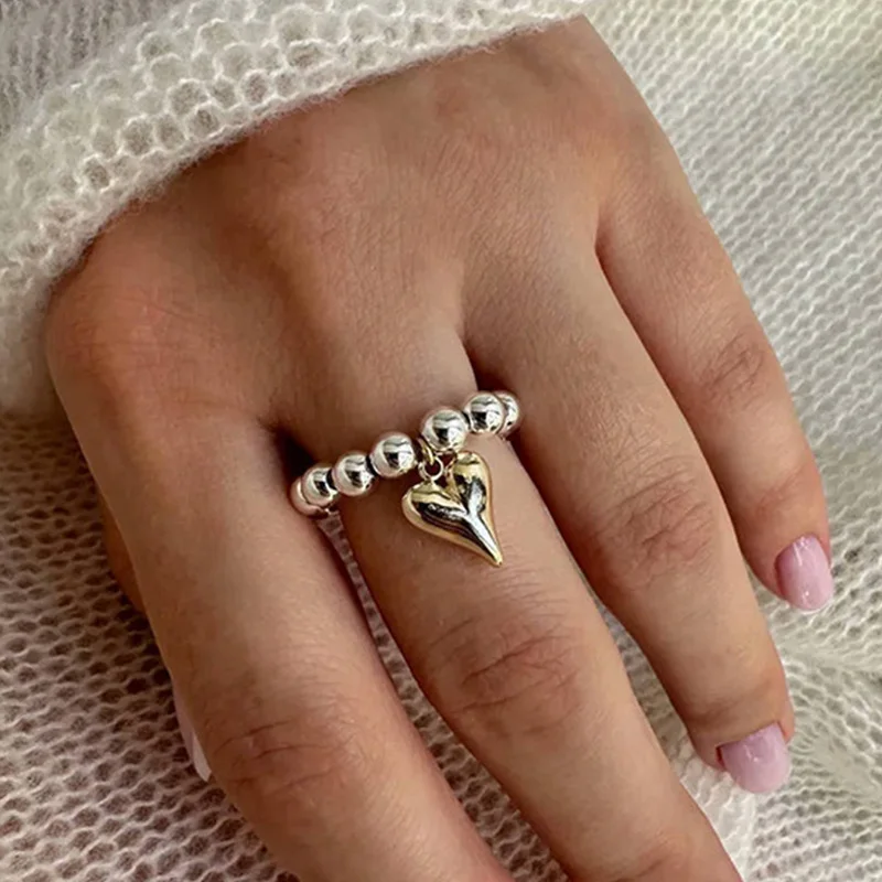 Stainless Steel Creative Metal Heart Rings Elastic Rope String Round Bead Ring Heart Pendant Adjustable Ring  For Women