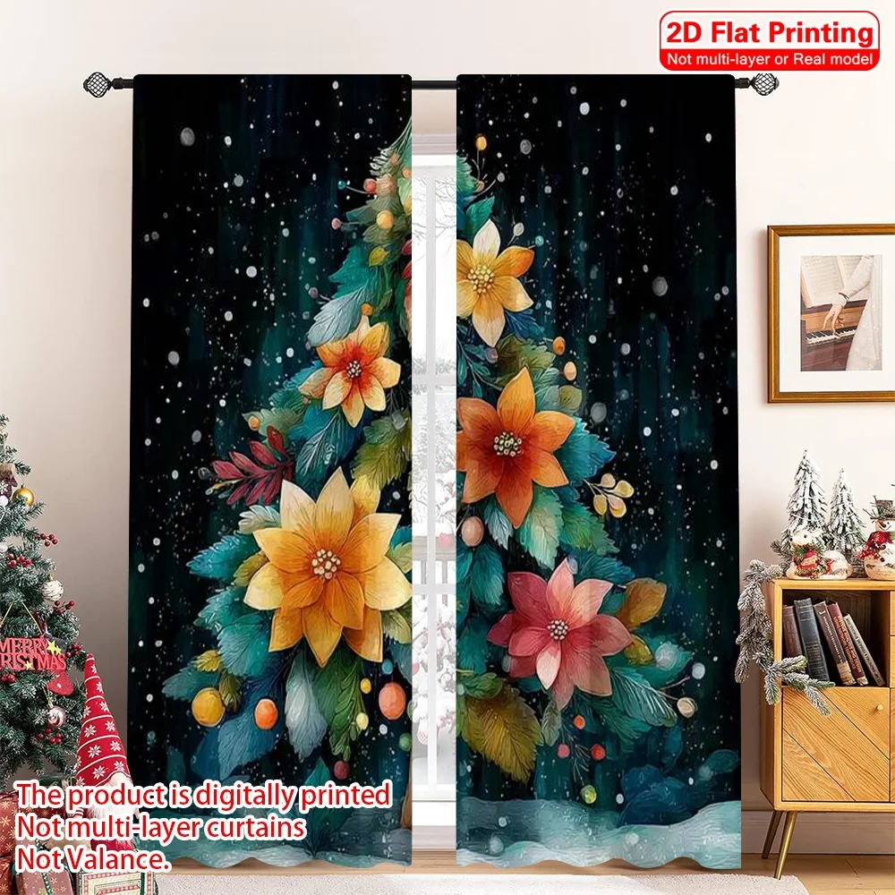 

2pcs 2D flat printing Merry Christmas Popular Curtains Tree Christmas Versatile 100% Polyester Without Electricity Versatile for